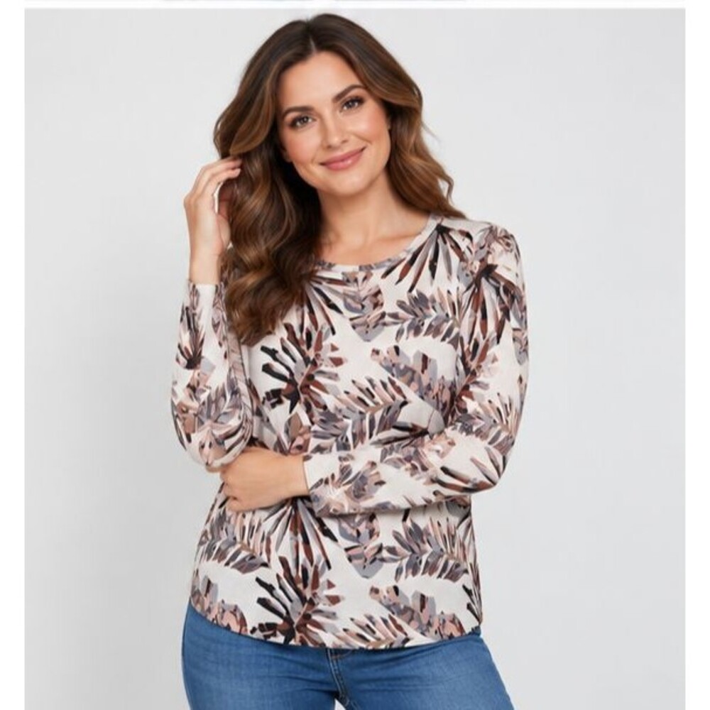 Whimsy Rose Butterknit Botanical Print Top M Scandi Oatmeal Soft Minimalist USA
